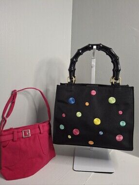 Y2K Polka Dot Embroidered Bamboo Handle Satchel Bag & Pink Coin Purse Set